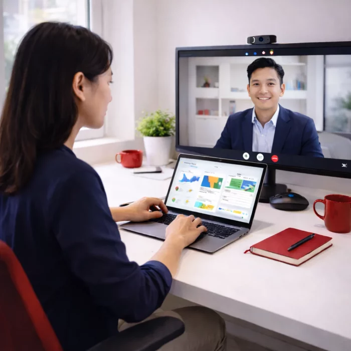 Digital marketing job work from home setup with remote team video call, showcasing work in agency environment, online collaboration, and performance analytics on laptop and desktop screens